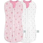 Baby Swaddle 0-2 Months, Cotton Arm-In Zipper Sleep Sack, Wearable Blankets Wrap for Newborn Infant Girls (Strawberry, Heart, Pack of 2)