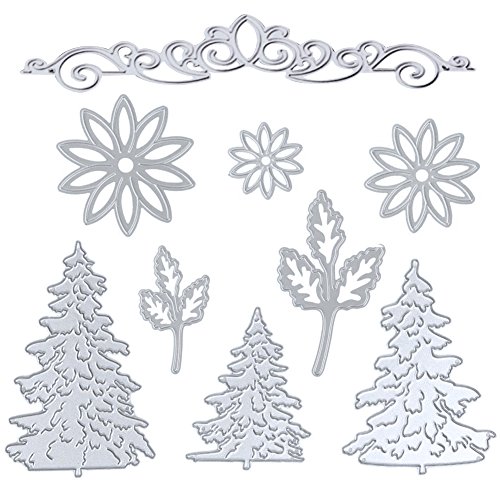 Kabi 9pcs Metal Cutting Dies with Flowers Leaves Pine Trees Crown Lace Stencil Set, Embossing Die Cuts for DIY Scrapbook Album Craft Decorations Card Making (Silver)