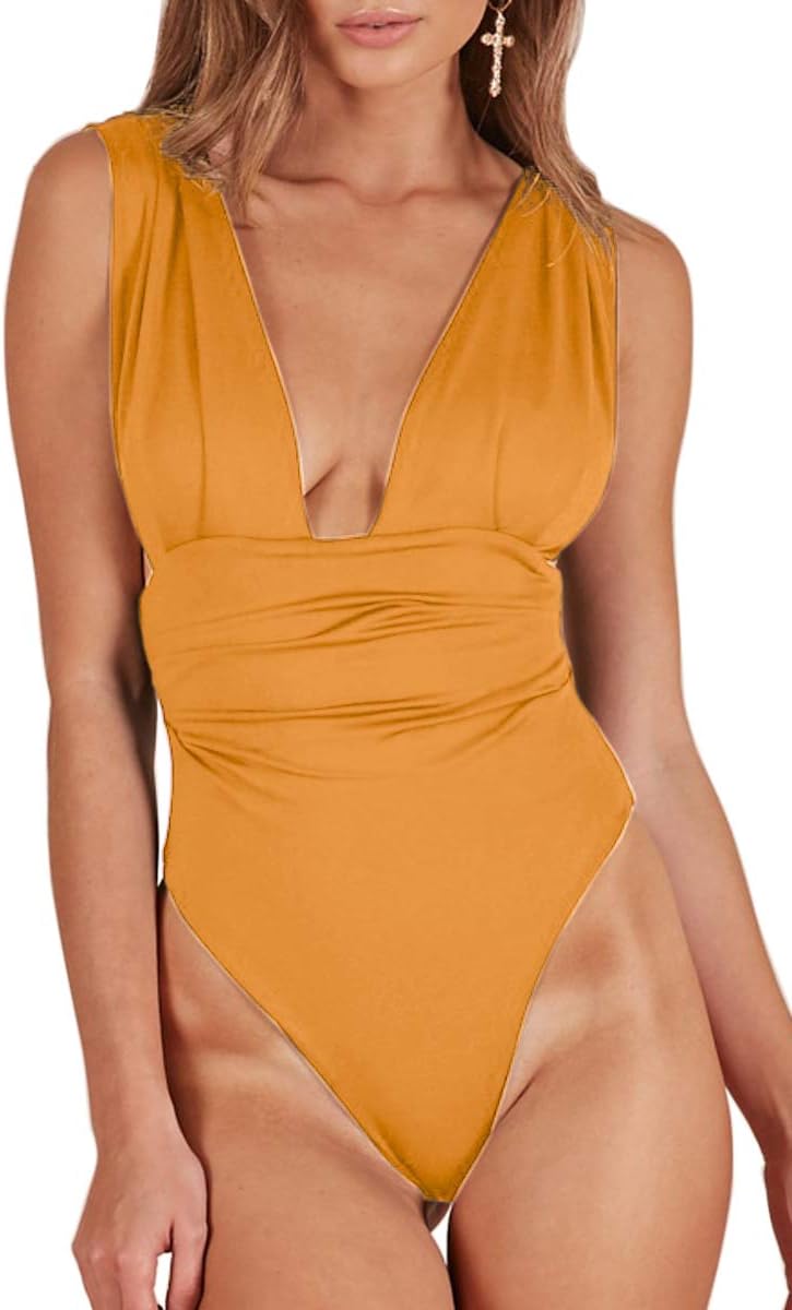 Women's Deep Plunge V Neck One Piece Swimsuit Ruched Low Back Monokini Swimwear