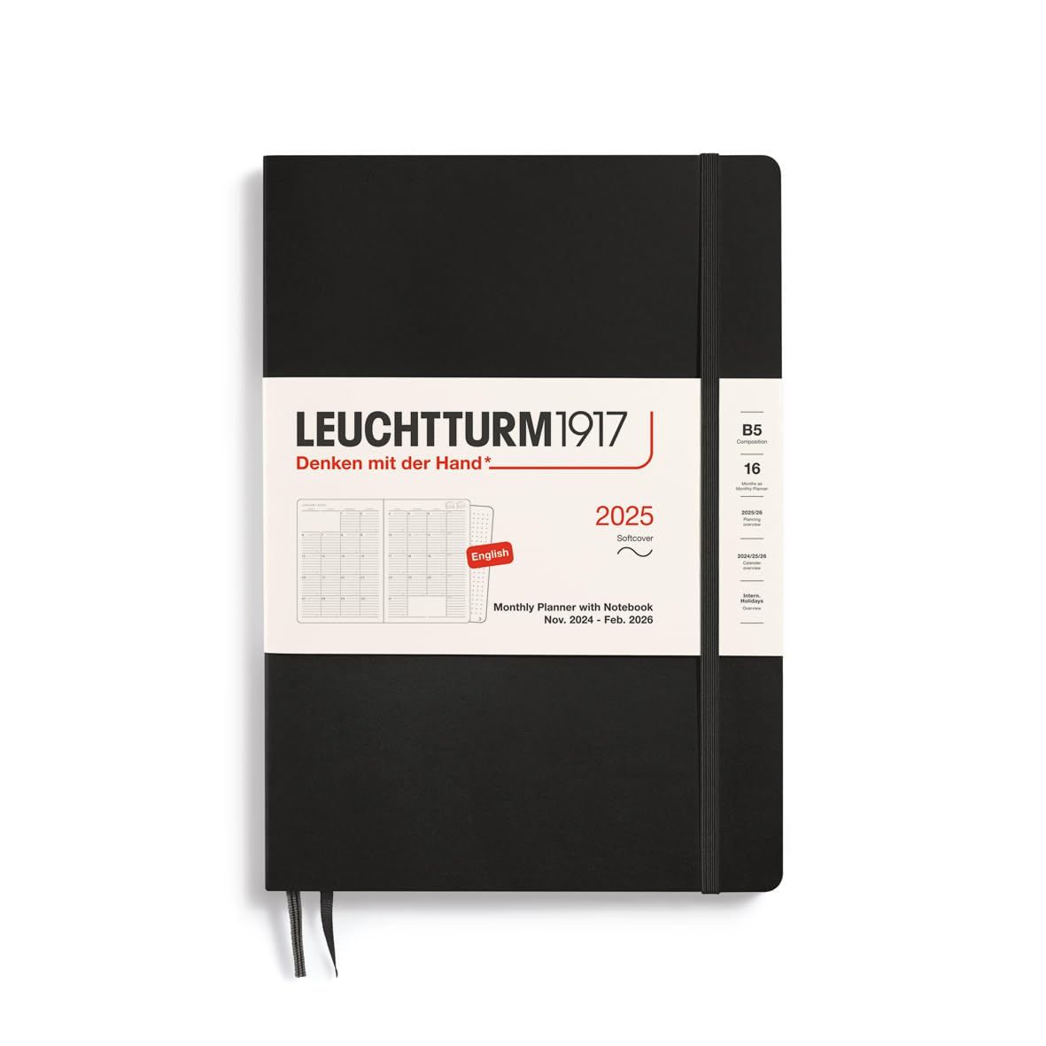 LEUCHTTURM1917 370706 Monthly Planner & Notebook 2025, Composition B5 Softcover - 16 Months, Lined - Black, English