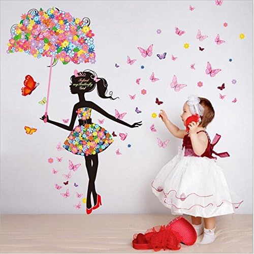 Amtoodopin Fairy Wall Stickers Umbrella Elf Girl Princess Wall Decals Butterfly Flowers Dancing Girls Angel Wings Wall Decor DIY for Windows Bedroom Living Room Decoration (Flower Fairy Umbrella)