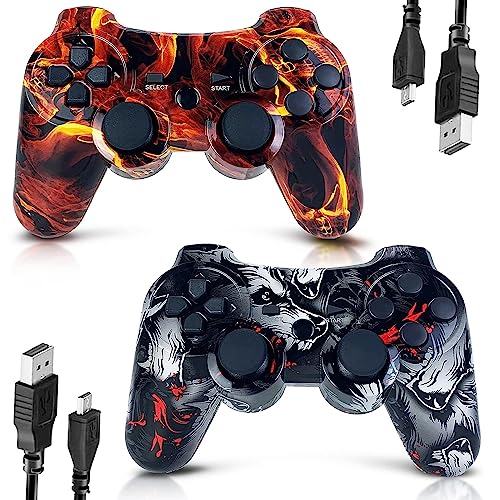 Controller for PS3 Controller 2 Pack for PlayStation 3 High-Performance Wireless Controller with Double Vibration Motion Control, Flame&Wolf