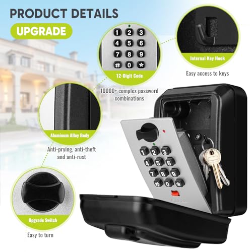 NEWIROVE Outdoor Key Safe Large Key Box with Code Waterproof Safe Key Box Wall Key Holder 12 Digits Key Box for Home Garage Office, Grey