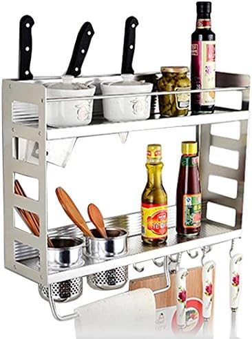 2-Tier Multipurpose Wall Mounted Hanging Aluminum Kitchen Rack of Wall Shelf,Condiment Bottle Rack-Utensil/Pot/Pan Hanger Hook,Knife Block,Storage Rack&amp;other Kitchen Gadgets,2 Cups with Hooks