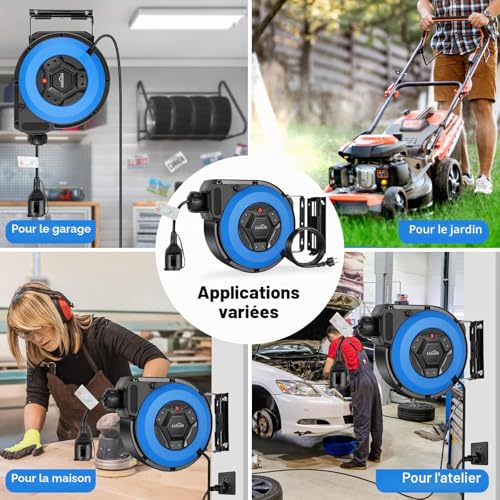 Himimi Automatic Electric Cable Reel with Stand 15 m + 2 m, 1500 W ~ 3000 W Automatic Cable Drum, Extension 180° Swivel, Wall Mounting, Suspended, Protection Degree IP44
