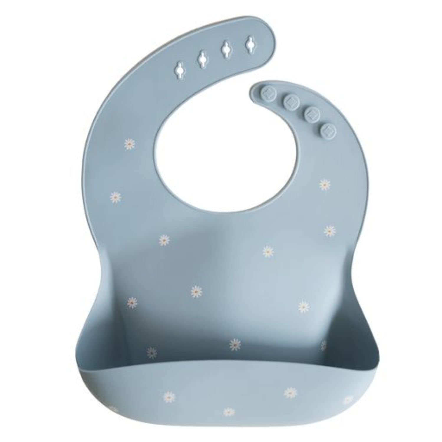 Mushie Baby Silicone Bib | Adjustable Fit Waterproof Bibs | Easy Wipe Baby Feeding Bibs | 4 Adjustable Sizes with Deep Front Pockets | 100% BPA and Phthalate Free (White Daisy)
