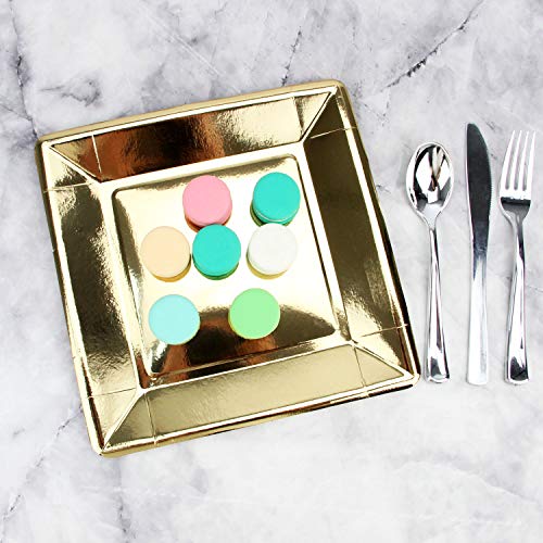 Pack of 100 Gold Disposable Shiny Foil Paper Plates, Square 9", Party Supplies for Appetizer, Lunch, Dinner, or Dessert