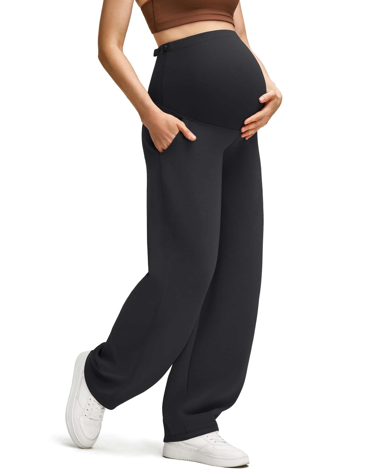 G4Free Maternity Pants with Pockets Over The Belly Comfy Yoga Sweatpants Adjustable Waist Lounge Pregnancy Trousers(Black,M,Petite)