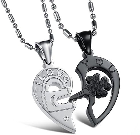 I LOVE &amp; YOU 3 Colours A Pair Of Titanium Steel Couple Pendant Necklace Crystal Rhinestones Heart Key Valentine's Day Gift By Glede (Silver and Black)