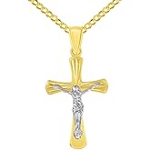 Jewelry America 14k Two-Tone Gold High Polished Textured Religious Cross Jesus Crucifix Pendant with Cuban Curb Chain Necklace