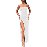 PRIMODA Women's Spaghetti Strap Bodycon Maxi Dress Long Formal Thigh-high Slit Club Wedding Guest Dress