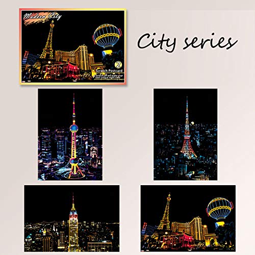 Scratch Art Paper(7.9"x 5.5") for Kids & Adults, Mini Scratch Off Art Night View Scratchboard, Painting Gift, Craft Kits : 2 Sheets Scratch Cards & Drawing Pen, Clean Brush (Building&City)