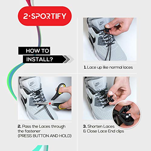 2SPORTIFY 2 Pack No Tie Shoelaces for Kids and Adults - Tieless Elastic Shoe lace with Lock for Sneakers Rubber - Round Shoe Laces (Black-Black)