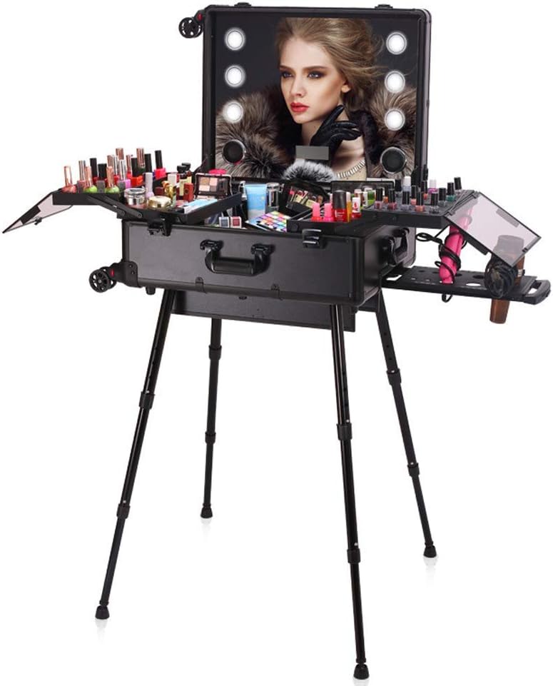 21"Makeup Trolley Box Rolling Artist Cosmetic Train Table Trolley with LED Light/BT2.0/Full touch panel Hollywood Mirror/Built-in speaker Makeup Case Portable Organizer Box