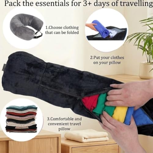 Genérico Refillable Travel Pillow with Clothes to Save Space in Suitcase - Neck Cushion for Airplane, Ryanair and Hand Luggage - Travel Pillow 75 x 18 cm (Black)