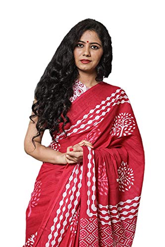 Woman Hand Block Printed Cotton Mulmul Saree with unstitched Blouse (Jaipuri Print)