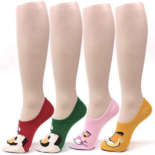 WOWFOOT Women Animation Design No-Show Casual Liner Socks Colorful Animal Character Non Slip Flat Boat For Girl (4 pair - Ani-Character 2)