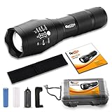Brightest Tactical LED Flashlight - A100 High Powered Handheld Tac Light - Rechargeable 18650 Lithium Ion Battery & Charger - Zoomable Adjustable Focus 5 Modes Outdoor Torch - Includes: Belt Holster