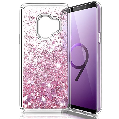 Samsung Galaxy S9 Case,LK [Slim Thin] Shiny bling Glitter Heart Cute Luxury Creative Design Sparkly Crystal Liquid Quicksand TPU Silicone Scratchproof Shockproof Protective Case for Samsung S9 Cover-RoseGold
