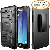 Galaxy J7 V Case, Galaxy J7 Perx, Galaxy J7 Sky Pro, Galaxy J7 2017, JATEM [Belt Clip] Rugged Hybrid Dual Layer Kickstand Holster Combo + Tempered Glass Screen Protector and Stylus Pen (Black/Black)