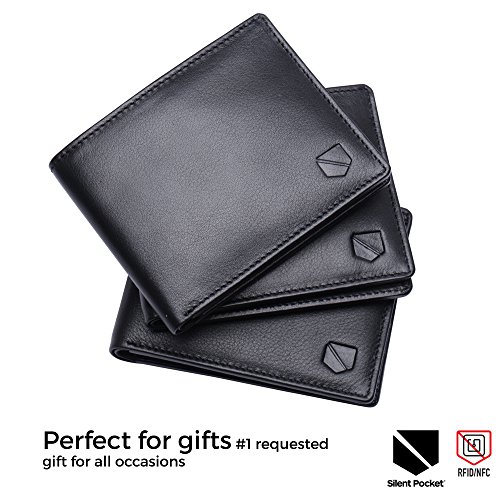 Silent Pocket Black Leather RFID Blocking Bi-Fold Wallet (Jet Black)