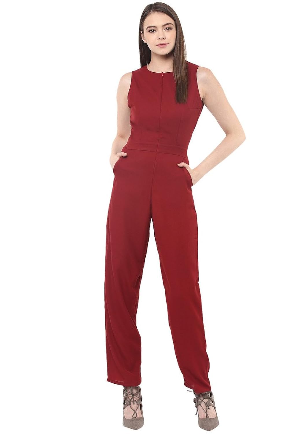 miss chase women's maroon sleeveless round neck solid straight jumpsuit