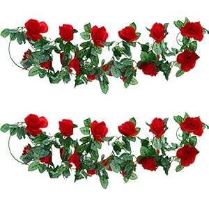 Image of WELL LOVE Artificial Flower Rose Vine Garland 8FT/Piece for Home Kitchen Wedding Party Garden Festival Office Outdoor Hanging Arch DIY Craft Art Decor Bright Red Gift Set
