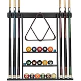 Billiards Xpress Pool Cue Rack - Pool Stick Holder Wall Mount With 16 Ball Holders & 6 Pack Of Chalk - Rubber Circle Pads & Large Clips Prevent Damage - Compact Billiard Table Accessories For Man Cave