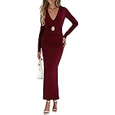 Lazysmile Bodycon Maxi Dresses for Women Long Sleeve V Neck Ruched Waist Elegant Formal Wedding Guest Cocktail Dress