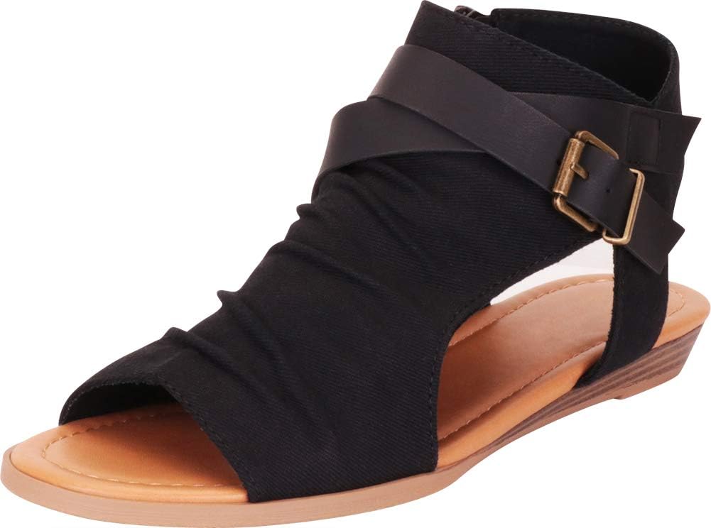 Cambridge Select Women's Crisscross Strappy Buckle Cutout Stacked Wedge Sandal
