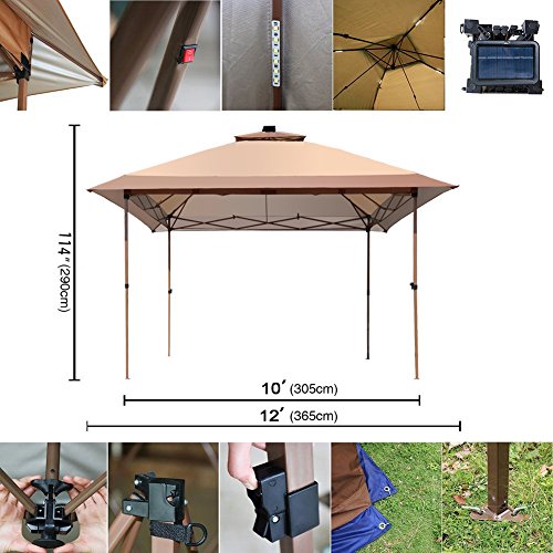 SunTime 12' x 12' Pop Up Canopy with Mosquito Netting and Solar LED, Outdoor Portable Folding Gazebo Tent