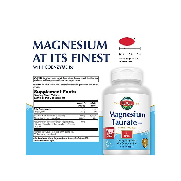 KAL Magnesium Taurate Plus 400mg with Coenzyme B6, Chelated Nerve