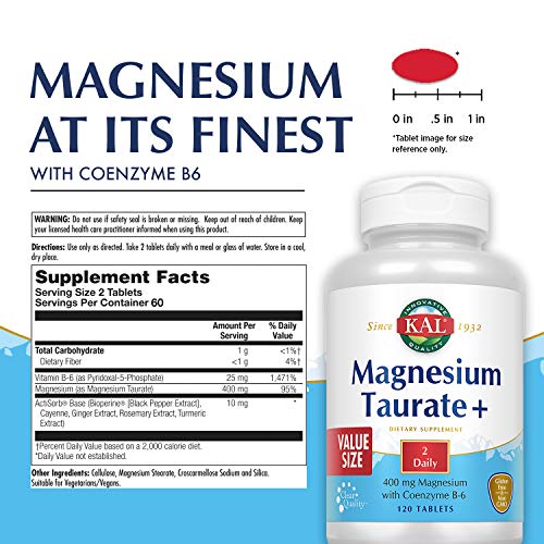 KAL Magnesium Taurate Plus 400mg with Coenzyme B6, Chelated Nerve, Muscle & Heart Health
