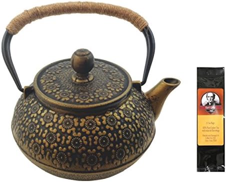 Cast Iron Teapot with Infuser Basket, Gold and Black Raised Pattern, Twine Handle Accent and Package of 6 Earl Gray Teabags, Bundle 2 Itmes