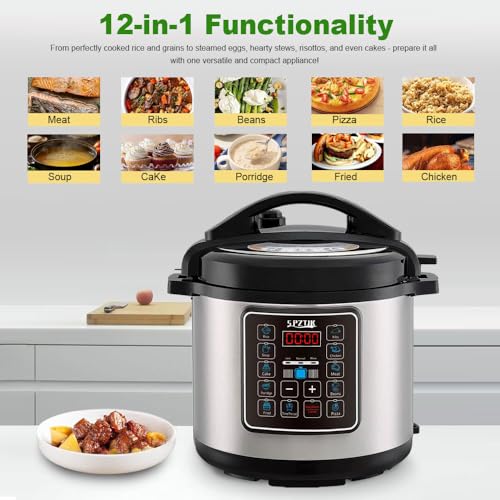 SPZTJK 12-in-1 Electric Pressure Cooker 6 Quart, LED Multifunction Steamer, 24-Hour Presetting Electric Rice Cooker, Pressure Cooker, Slow Cooker, Steamer, Warmer, Multicooker, 1000W, Stainless Steel