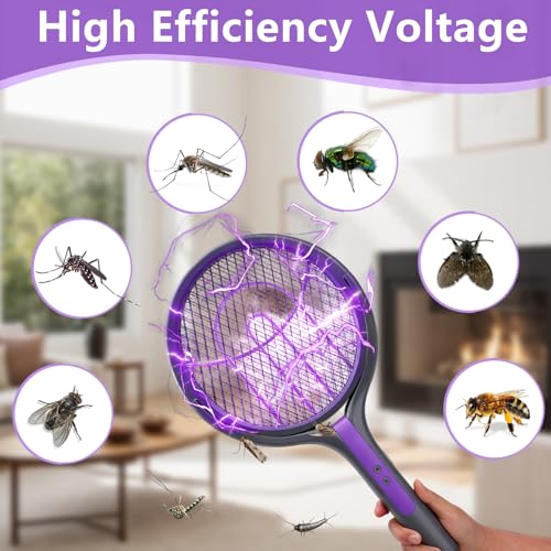 Electric Fly Swatter, Rotating Head Bug Zapper, Dual Modes Mosquito Killer with Purple Mosquito Light Rechargeable for Indoor Home Patio Camp Office, Telescopic Extension