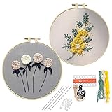 Heflashor 2 Pack Embroidery Starter Kit Per-Design Flower Plant Pattern Cloth with Bamboo Hoop Color Threads for DIY Handmade Decor