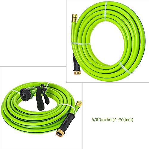 GREEN MOUNT Garden Hose 25 Feet with 5/8 Solid Brass Coupling Fittings, Durable and Flexible Water Hose, 6 Function High Pressure Spray Nozzle for Household Use
