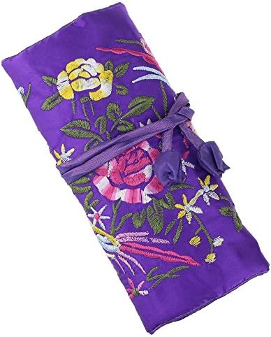 SuoSuo Jewelry Roll,Travel Jewelry Roll Bag,Silk Embroidery Brocade Jewelry Organizer Case with Tie Close,Dark Purple Flower