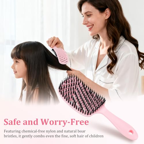Euqvunn Hair Brush, Boar Bristle Brush with Double Filament Anti-Tangle and Brilliance, Soft Anti-Pull Comb for Thick and Long Hair