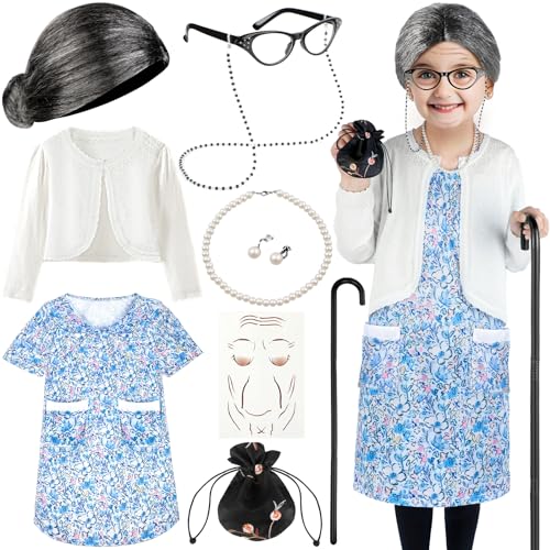 Luucio Old Lady Costume for Kids, 100th Day of School Costume for Girls with Grandma Costume, Kids Old Lady Costume for Kids