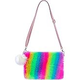 Fuzzy Plush Crossbody Purse for Girls Kids Rainbow Striped Faux Fur Shoulder Bag Handbag Wallet with Pompom