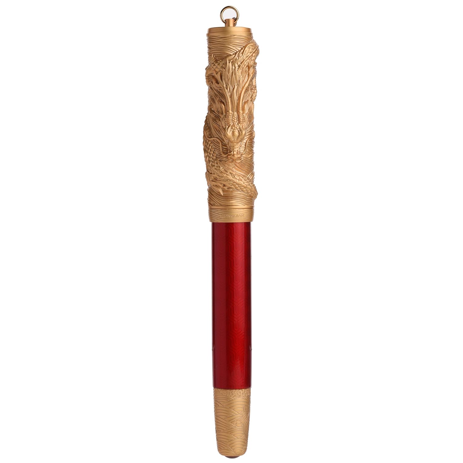 HONG DIAN A24 Fountain Pen Fine Nib, Bright Red & Golden Dragon Stereoscopic Carving Cap Design