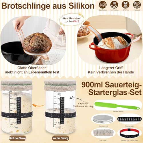 HELISAN 21-Piece Sourdough Starter Set with 2 Proofing Baskets (23 cm Round & 25 cm Ovals), 900 ml Glass Jar for Sourdough Fermentation, Complete Bread Baking Accessories for Beginners and Experienced Bakers