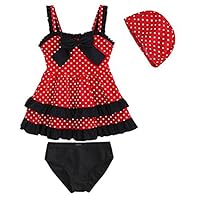 SERAIALDA Baby Girls Toddler Bathing Suit Polka Dot Lace Bow 2 Piece Swimsuit Swimwear With Cap,Red,3-4 Years