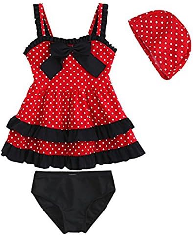 SERAIALDA Baby Girls Toddler Bathing Suit Polka Dot Lace Bow 2 Piece Swimsuit Swimwear with Caps