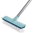 BOOMJOY Floor Scrub Brush with Long Handle, 2 in 1 Scrape and Brush, Stiff Bristles for Cleaning Bathroom, Patio, Garage, Kitchen, Deck, Tile, Blue