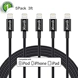Xcords(TM) 5Pack 3ft 8 Pin Lightning to USB Cable Data Syncing Cord Compatible with iPhone 7/ 7 Plus/6/ 6 Plus/ 6s/ 6s Plus /5/5s/5c/SE/iPad/iPod/Beats Pill+(Black)
