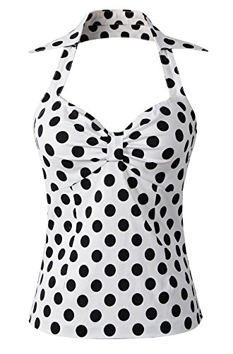 50s Vintage Retro Style Pinup Rockabilly Polka Shirt Halter Top With Collar (6, White/Black Polka Dot)