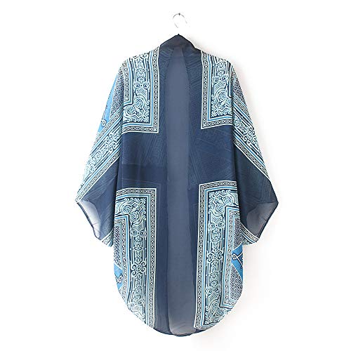 HTDBKDBK Womens Causal Loose Boho Printed Chiffon Loose Shawl Kimono Cardigan Tops Cover Up Blouse Blue